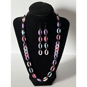 Acrylic Statement Necklace 22” & Earrings 3.25” Handmade Jewelry Set~Cute!!!